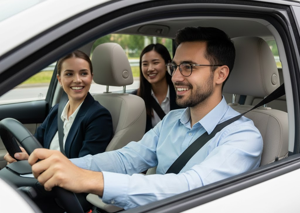 People carpooling safely